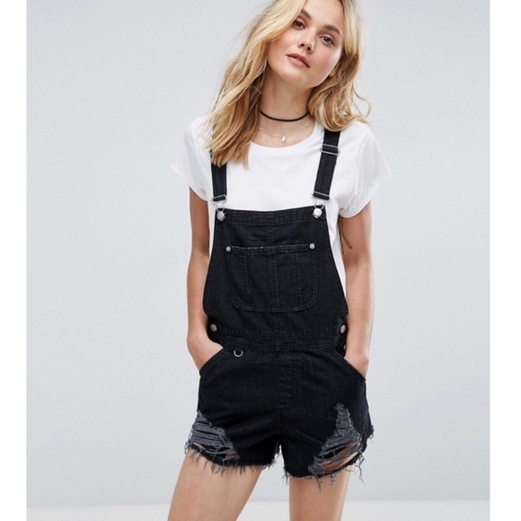 black jean short overalls